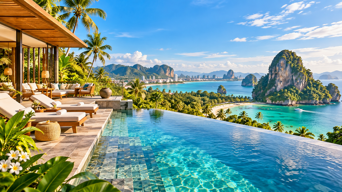 Luxury tropical resort overlooking a turquoise bay in Thailand